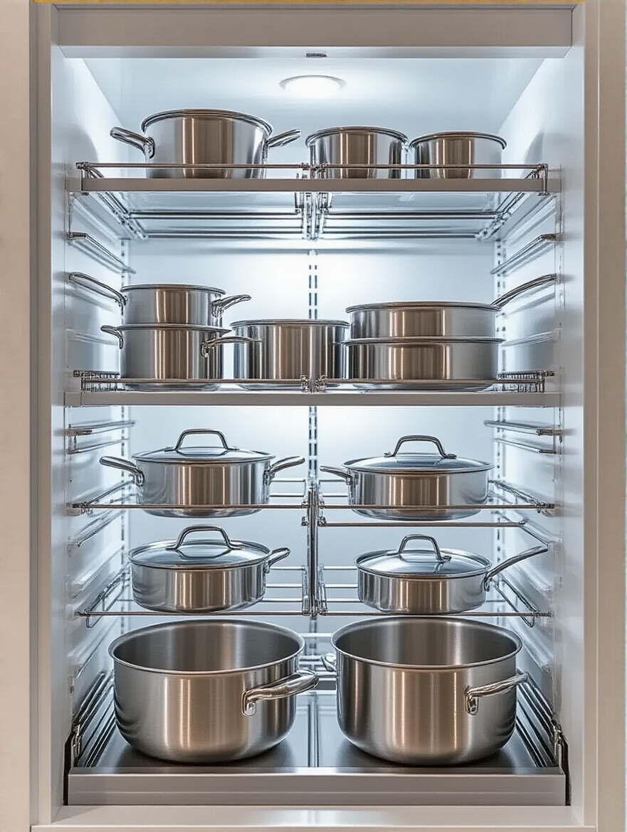 A bright, organized kitchen cabinet interior showing various pots, pans, and their lids neatly arranged in a two-tier pull-out pot and pan organizer, demonstrating stackable storage and easy access.