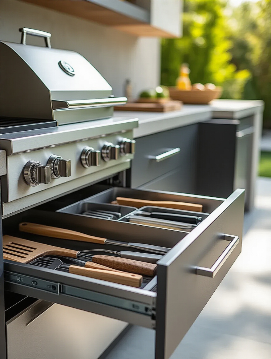 A detailed view of an open pull-out drawer in a modern outdoor kitchen, showing neatly organized stainless steel grilling tools and segmented compartments, within sleek weather-resistant cabinetry.