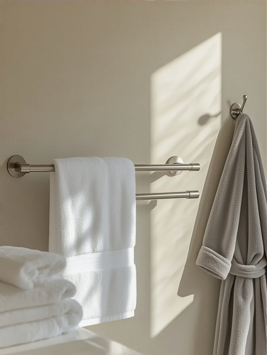 Modern bathroom featuring stylish brushed nickel towel racks with white towels and a grey robe hook, demonstrating practical and aesthetic storage solutions.