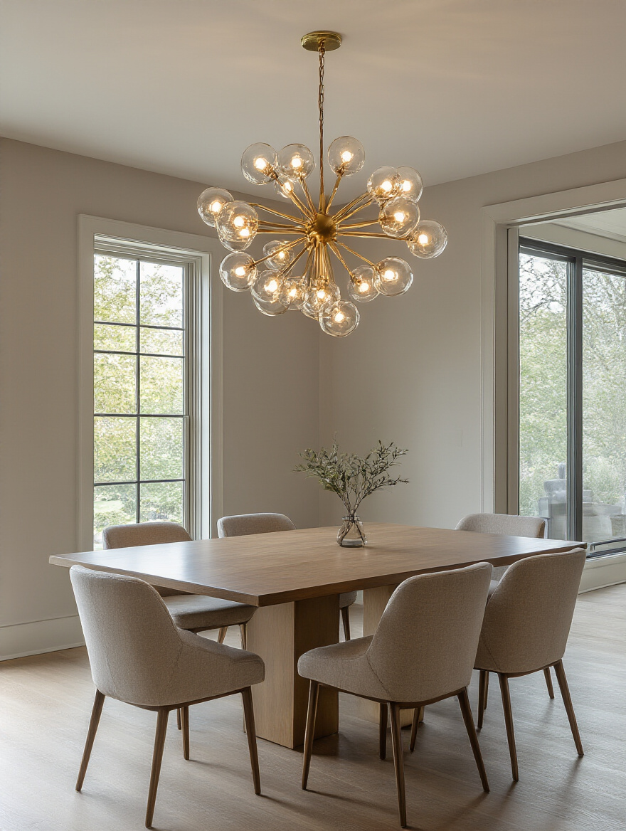 A modern dining room featuring a statement brass Sputnik-style chandelier over a sleek wooden dining table with contemporary chairs. Natural light fills the room.