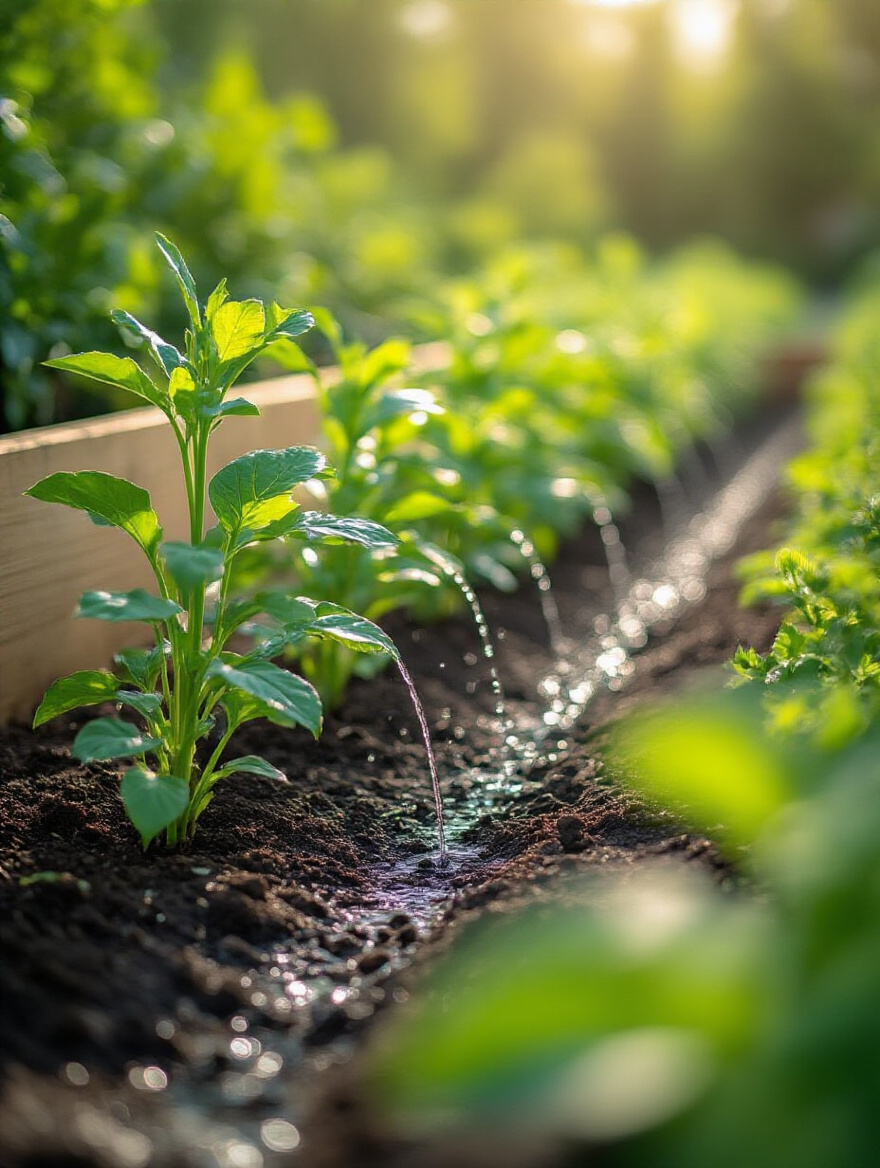 Close-up of a drip irrigation system efficiently watering the base of lush green plants in a garden bed.