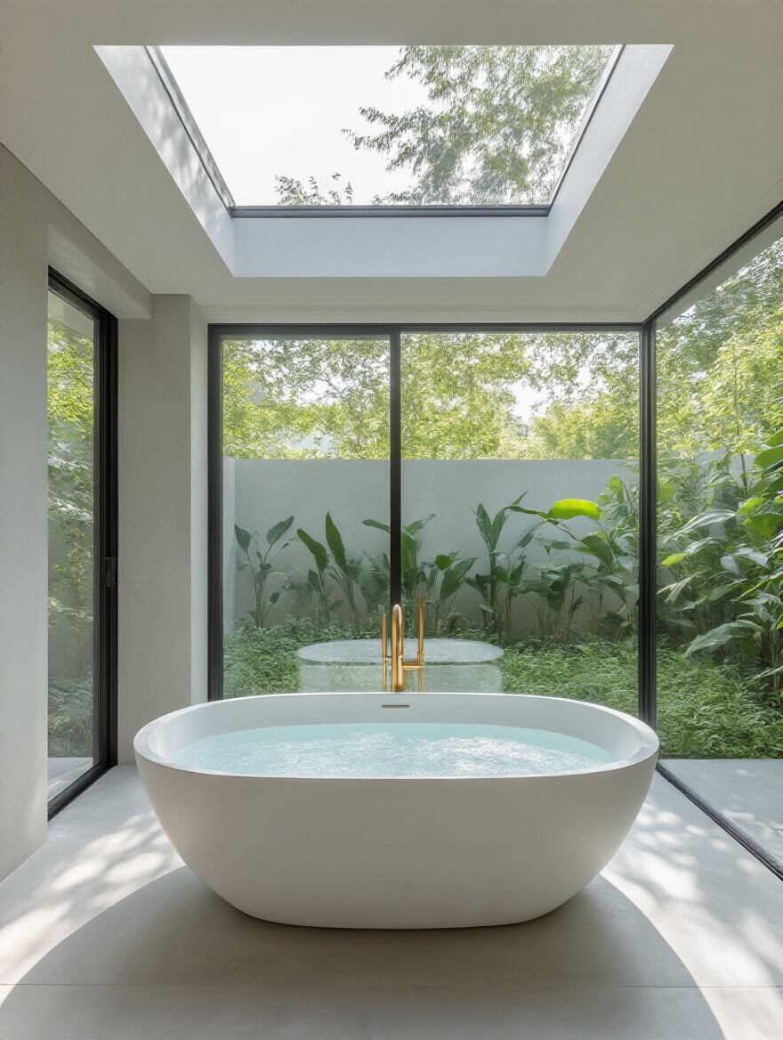 Luxurious freestanding oval soaking bathtub in a modern bathroom with abundant natural light and brass fixtures.