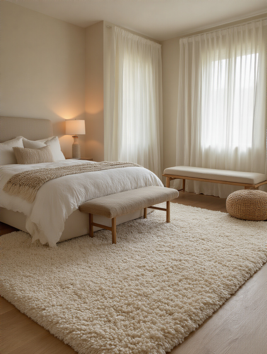 Portrait of a bedroom with a rug-defining sleeping zone and reading nook