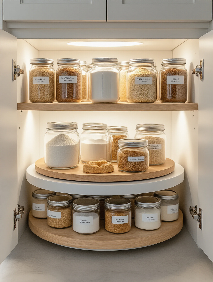 Close-up of a neatly organized two-tiered Lazy Susan inside a modern white kitchen corner base cabinet, filled with various spices and baking ingredients.