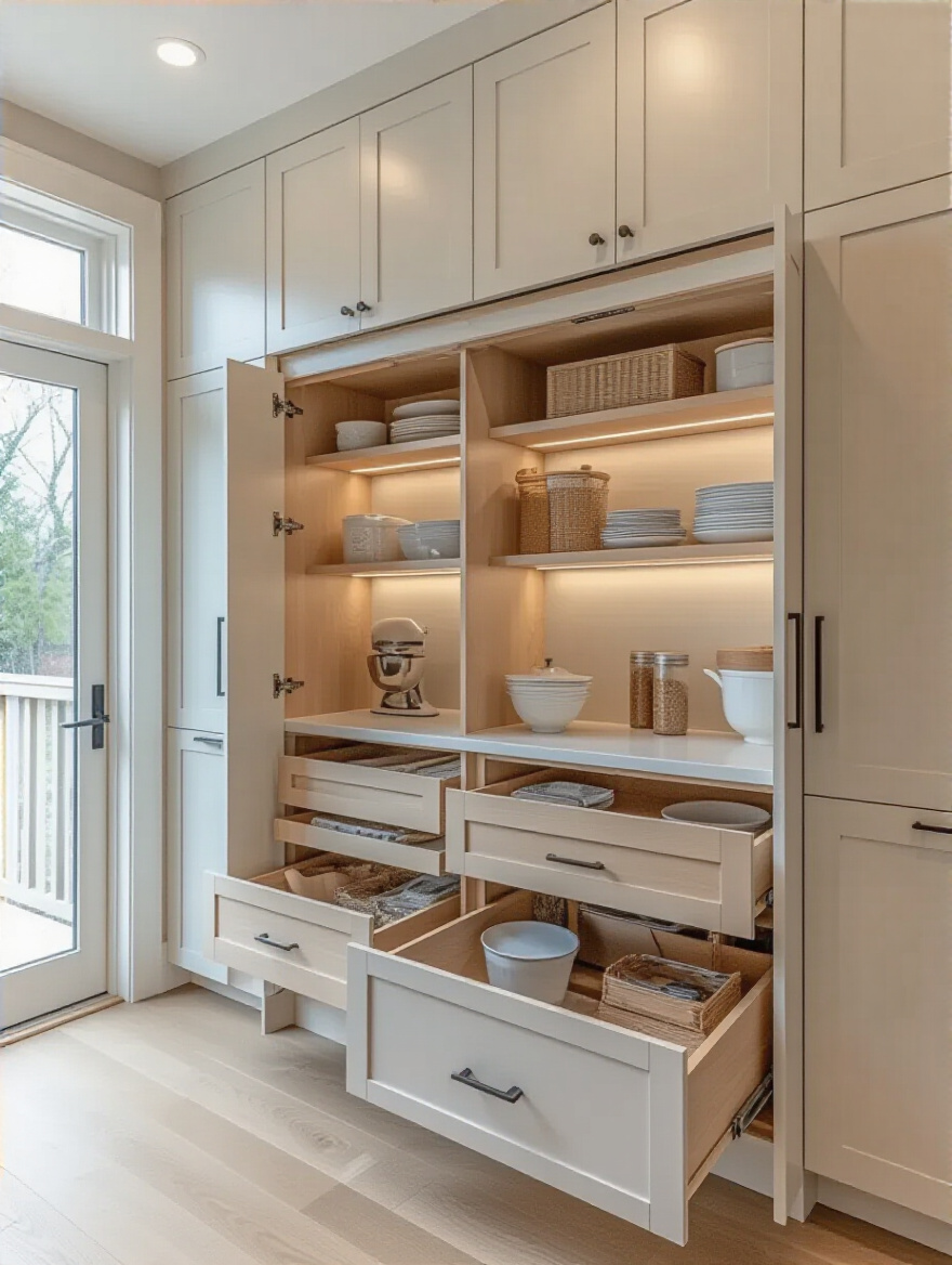 Portrait view of a modern kitchen cabinet with pull-out drawers and shelves extended