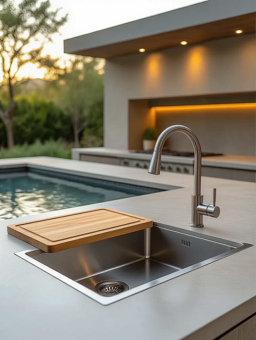 Modern outdoor kitchen with integrated stainless steel sink and stylish faucet, built into a concrete countertop.