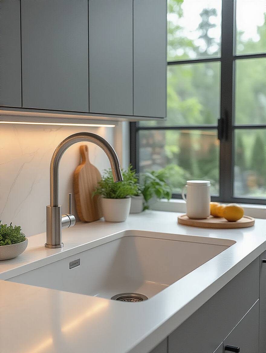 Portrait view of a minimalist modern kitchen with a sleek smart faucet