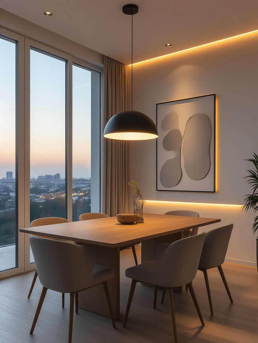 Modern dining room with smart integrated lighting and discrete audio speakers, showcasing customizable ambiance.