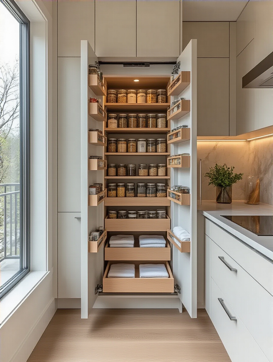 A modern kitchen featuring opened smart storage solutions, including a narrow pull-out pantry with organized spices and a toe-kick drawer with neatly stored linens, showcasing efficient organization in a sleek design.