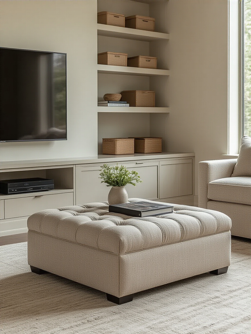 Living room with smart storage, including an ottoman coffee table with hidden compartments, built-in media console, and decorative bins on floating shelves to reduce clutter.