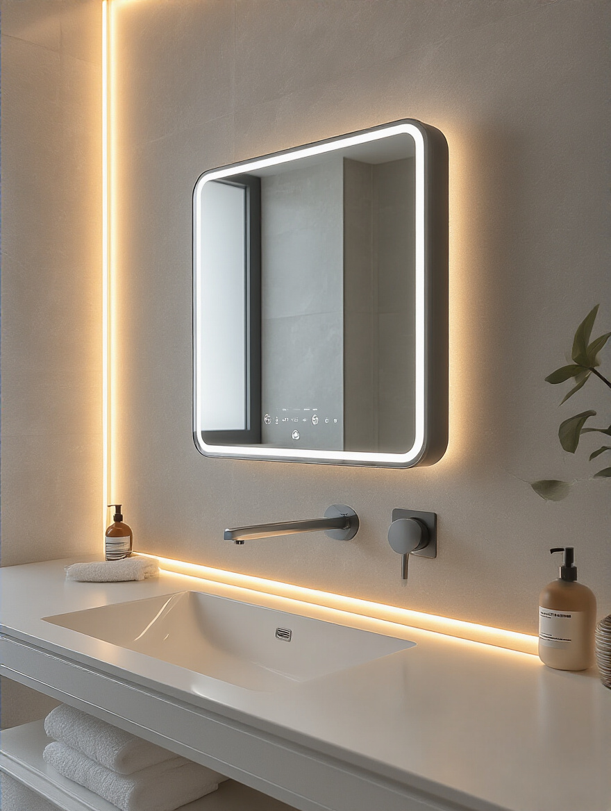 Modern bathroom with smart technology integration including a smart mirror, touchless faucet, and subtle automated lighting, emphasizing automation and modern convenience.