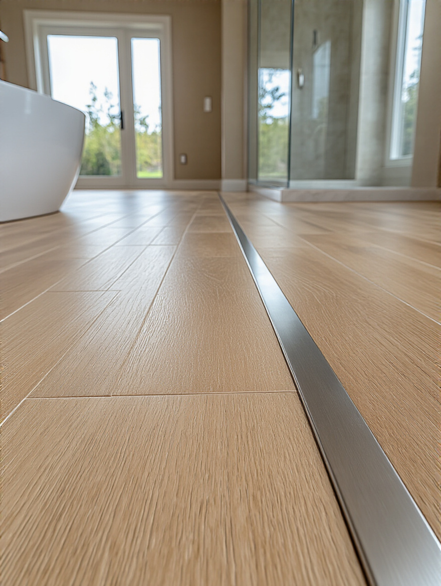 A close-up of a brushed nickel transition strip seamlessly connecting a light grey porcelain bathroom tile floor to a warm-toned engineered hardwood hallway floor, ensuring smooth passage and elegant design.