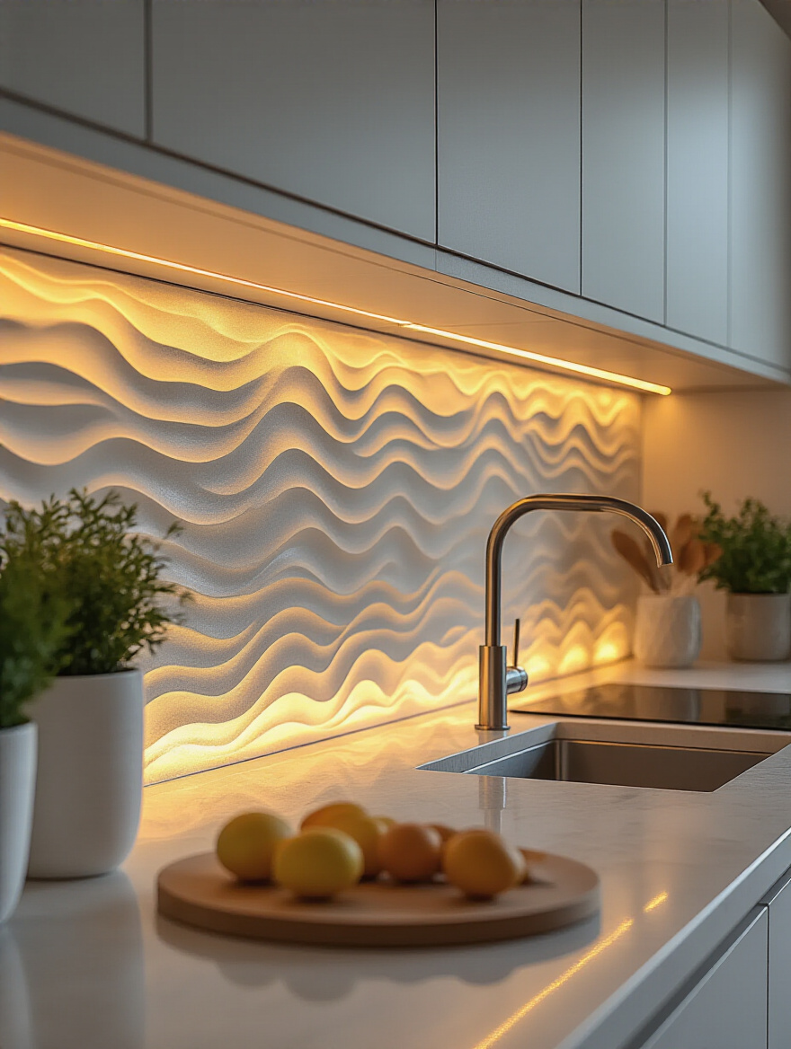 Contemporary kitchen featuring a textured porcelain tile backsplash dramatically illuminated by warm under-cabinet LED lighting, highlighting tile details and creating a sophisticated ambience.