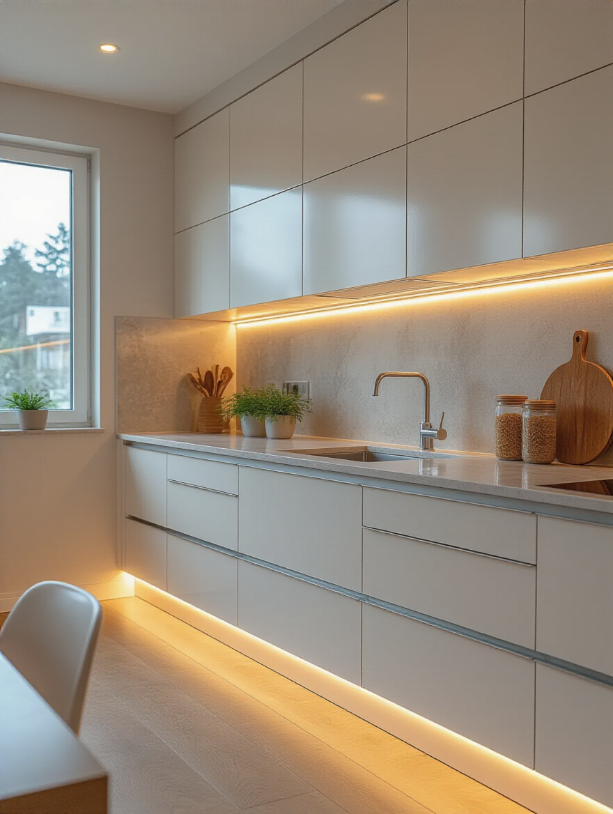 Portrait of a contemporary kitchen showing integrated under-cabinet and toe-kick LED lighting