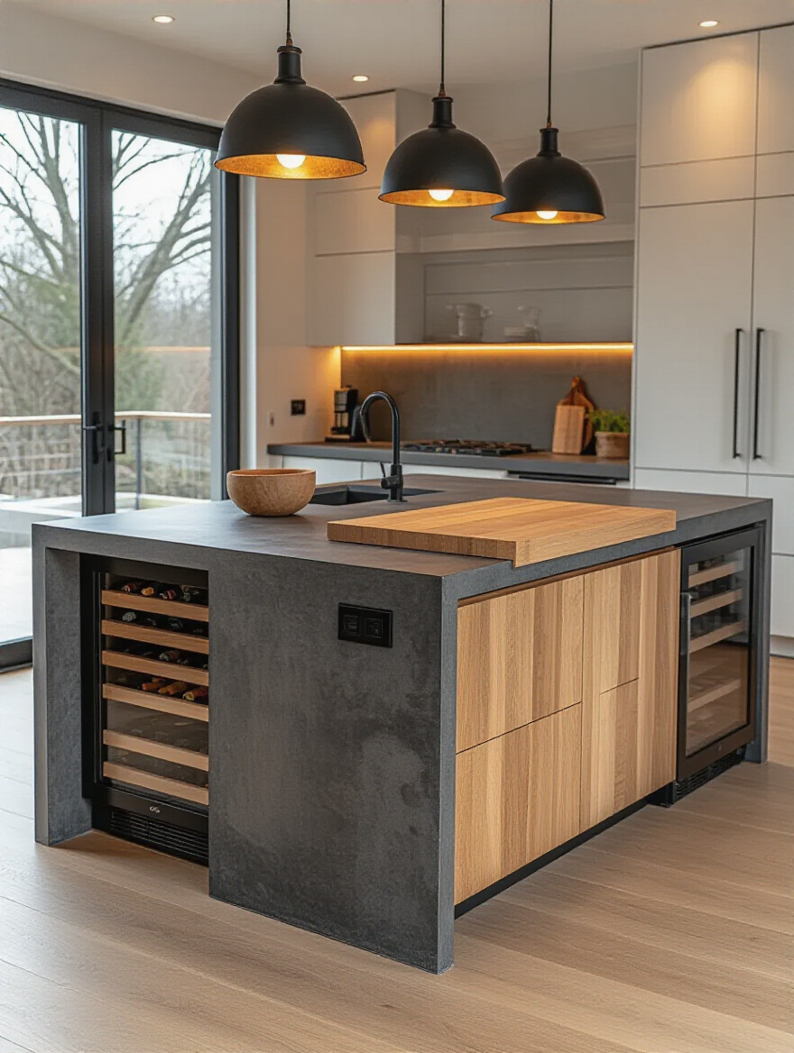 A professional photo of a modern L-shaped kitchen island featuring concrete and butcher block surfaces, showcasing multipurpose utility with integrated features, under elegant pendant lighting.