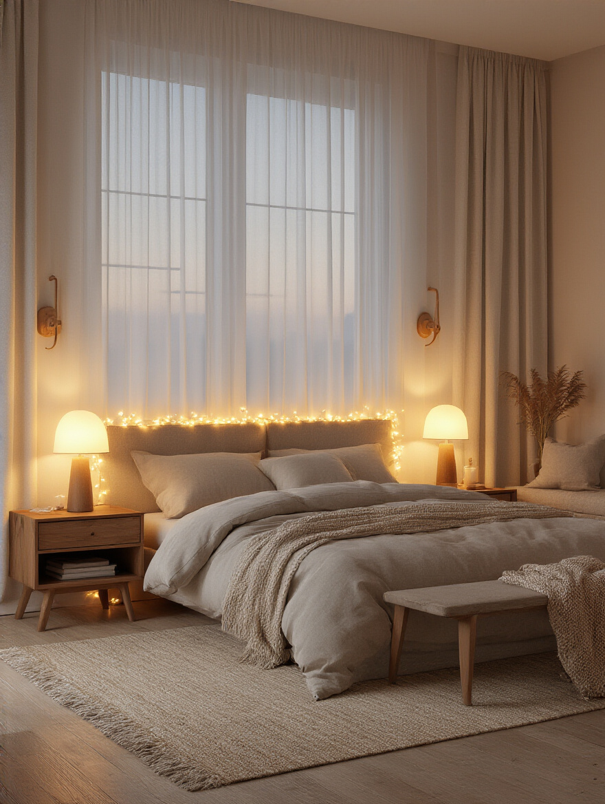 Cozy bedroom with warm dimmable lighting creating evening ambiance