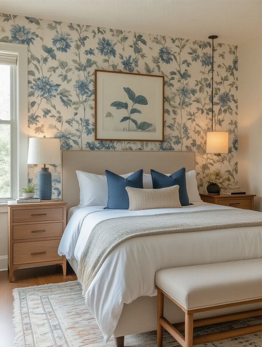 Vertical bedroom with integrated accent wall and coordinated decor
