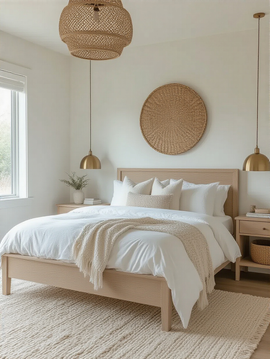White bedroom with wood, rattan, and metal accents adding warmth and texture.