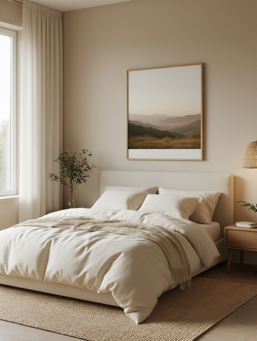 Calm bedroom wall with simple artwork above the bed