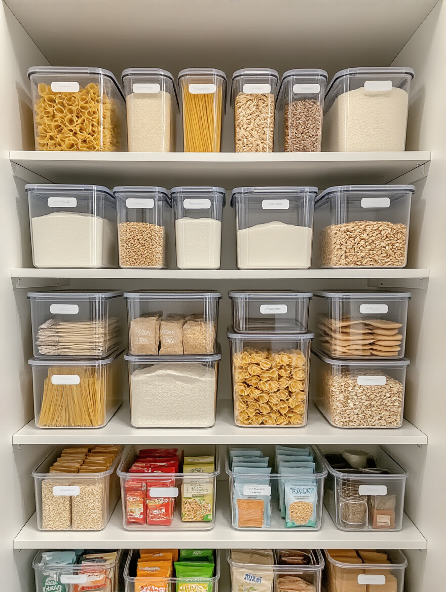 A beautifully organized kitchen pantry shelf with clear, labeled, airtight containers holding dry goods and snacks, demonstrating efficient visible storage.