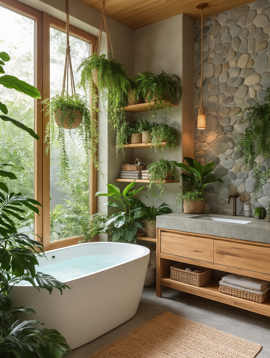 Modern bathroom featuring greenery, wood tones, and natural textures for a spa-like feel
