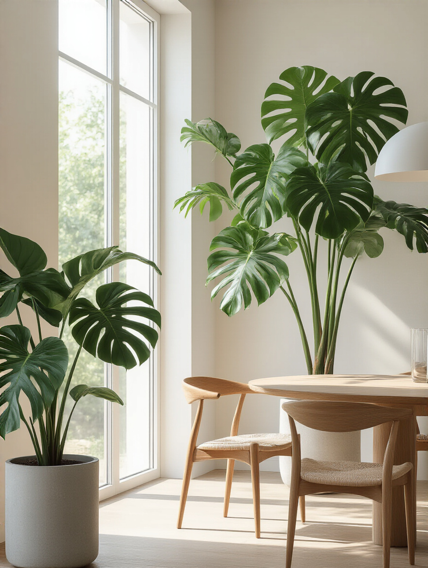Modern dining room featuring a large Monstera Deliciosa plant in a tall concrete planter, providing a sculptural focal point and natural elegance. The room has minimalist design elements and bright natural lighting.