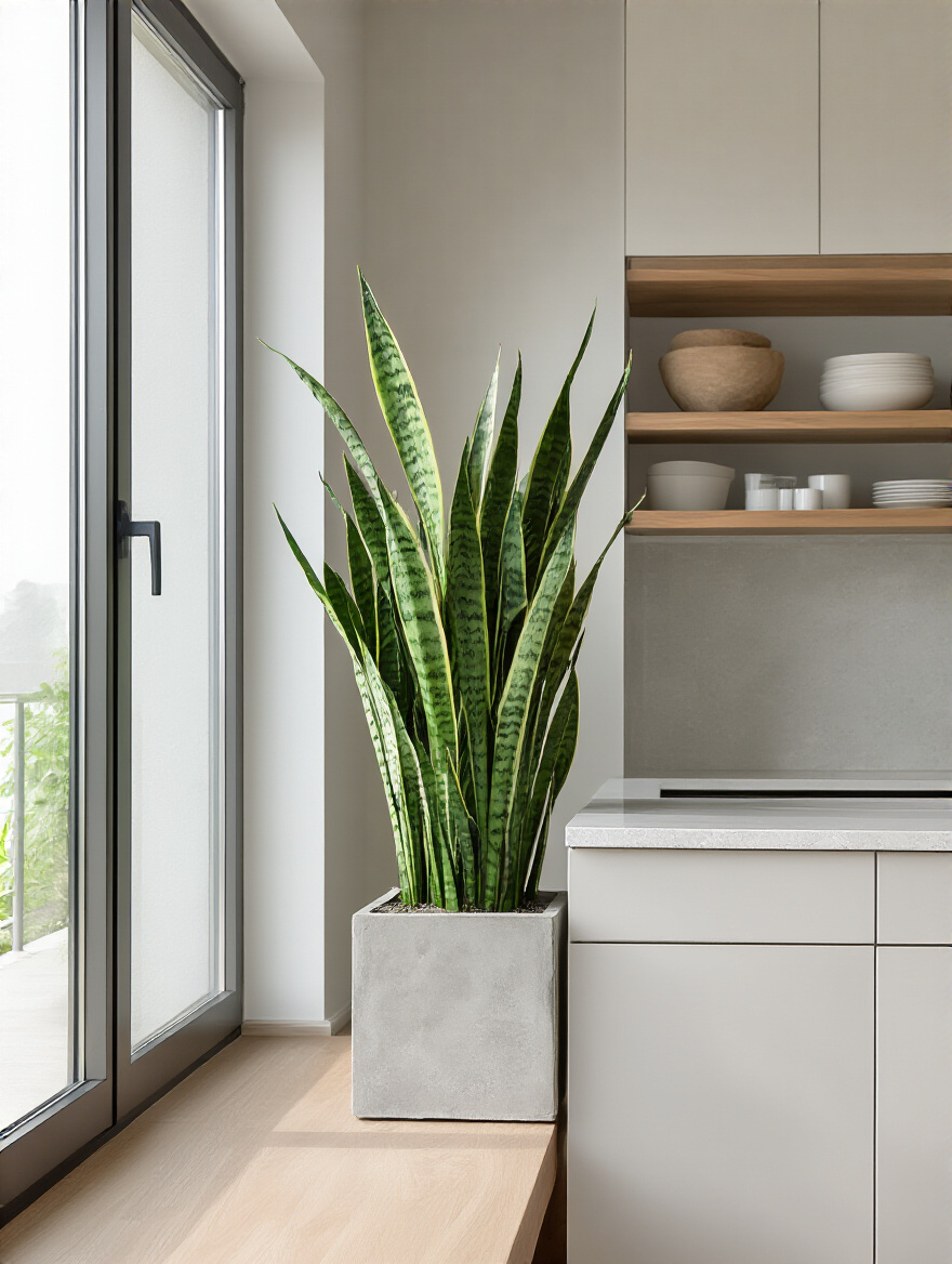 Architecturally pleasing plants in a modern kitchen portrait view