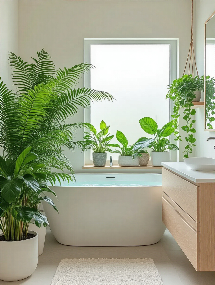 Lush humidity-loving plants, including a Boston fern and Peace Lily, in a modern, naturally lit bathroom, enhancing the space's freshness and bringing life.