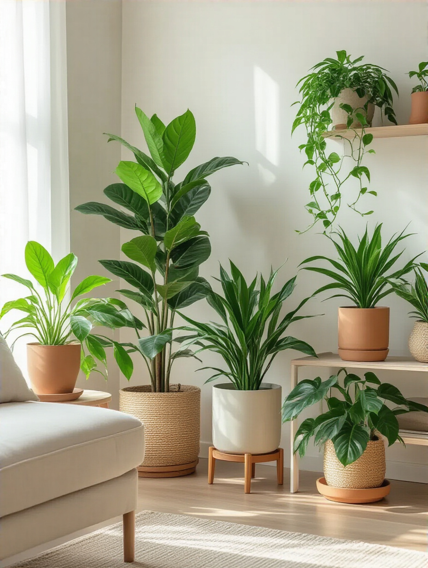 Stylish living room corner showcasing diverse, healthy houseplants in decorative pots under gentle natural light, creating a serene ambiance.