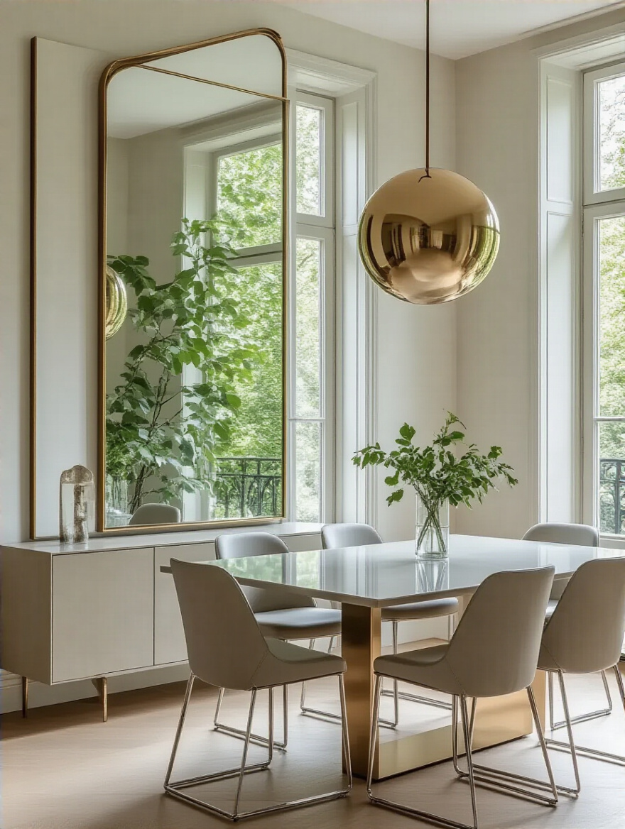 Modern dining room featuring a large mirror reflecting a window view, a glass-top table, chrome chair legs, and a brushed brass pendant light.