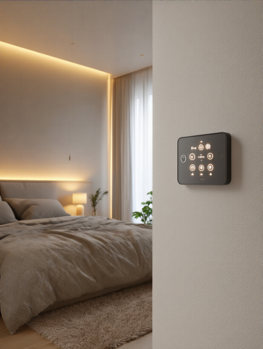 Vertical bedroom with glowing smart lighting control panel and cozy ambiance