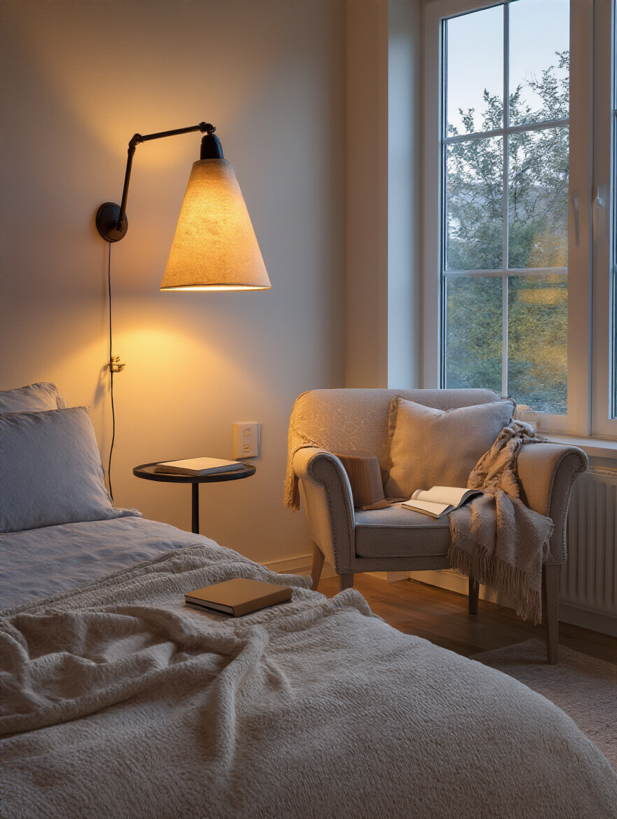 Cozy bedroom with warm, adjustable task lighting for evening rituals