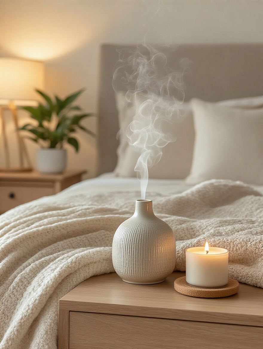 Cozy bedroom diffuser on nightstand
