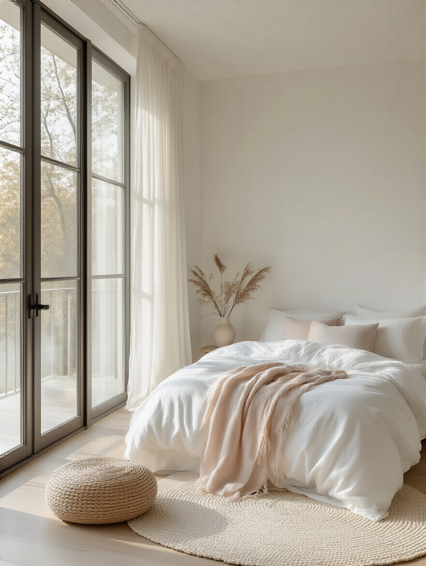 Serene white bedroom with pale neutrals and pastels for subtle contrast