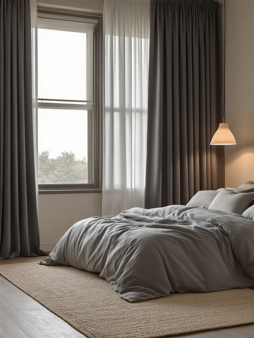 Bedroom with heavy blackout curtains fully drawn, soft lighting creates a calm sleep-ready mood