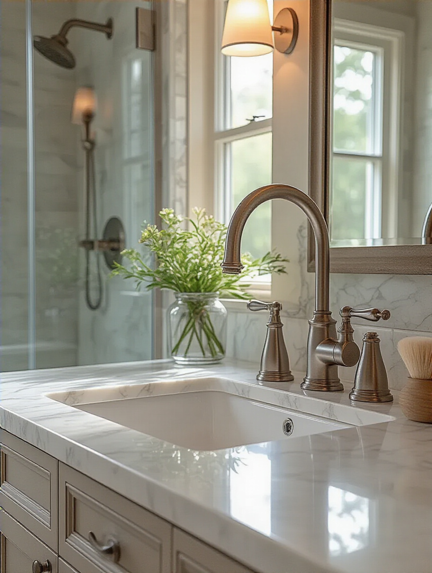 Portrait of premium bathroom faucet setup with brushed nickel finishes