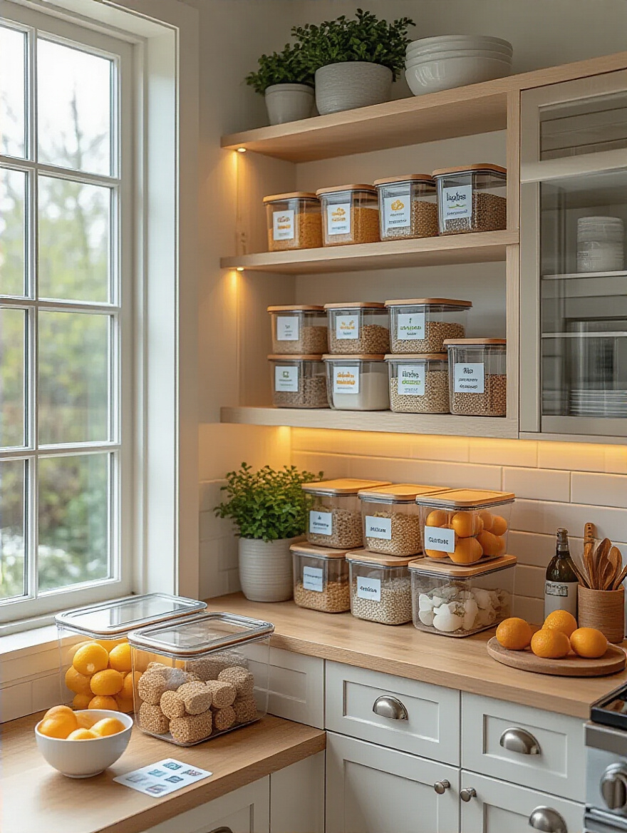Organized pantry with color-coded, text-free container labels
