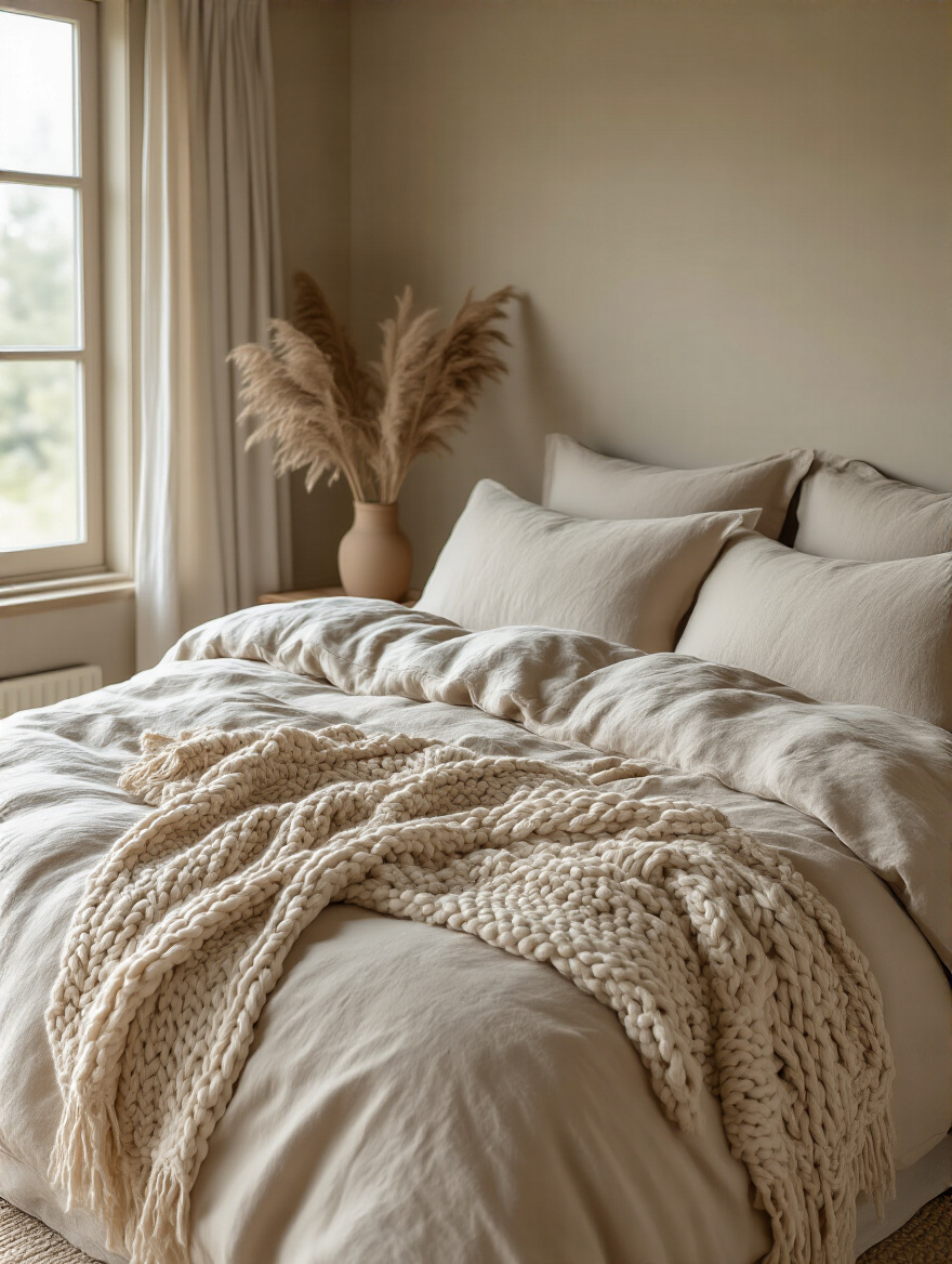 Bed with layered natural bedding textures in warm neutrals