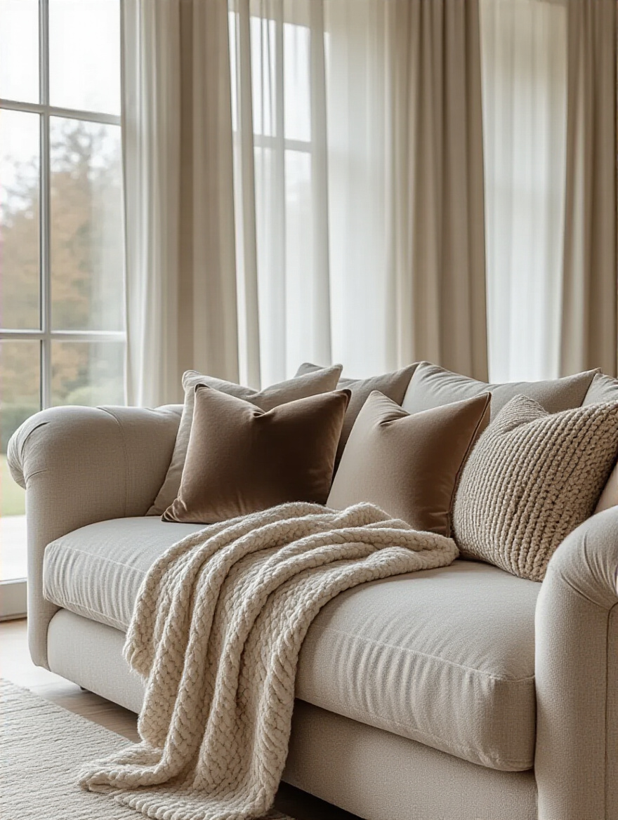 A cozy living room sofa decorated with multiple layered textiles, including a soft throw blanket, decorative pillows of varying textures, and floor-length sheer curtains creating a warm and inviting atmosphere. No people are present.