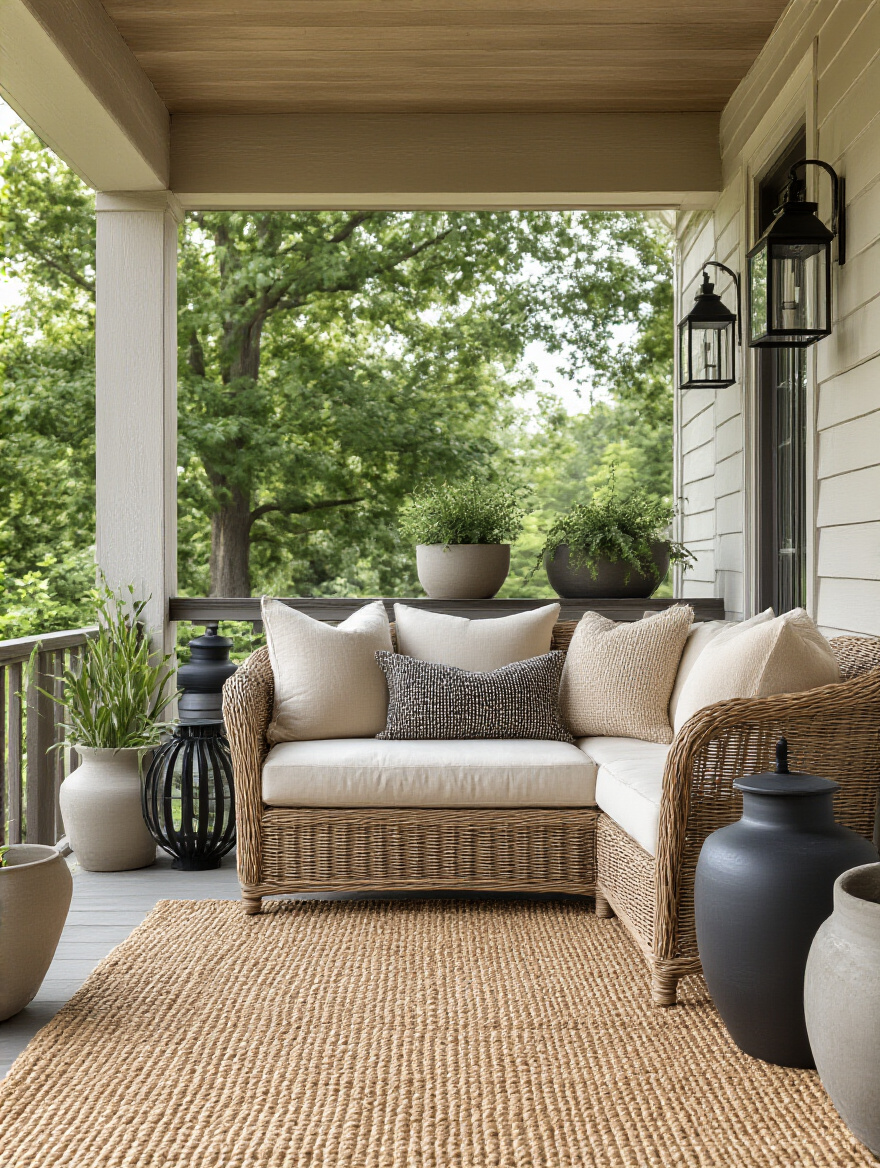 Portrait view of a front porch showing layered textures and materials for visual depth