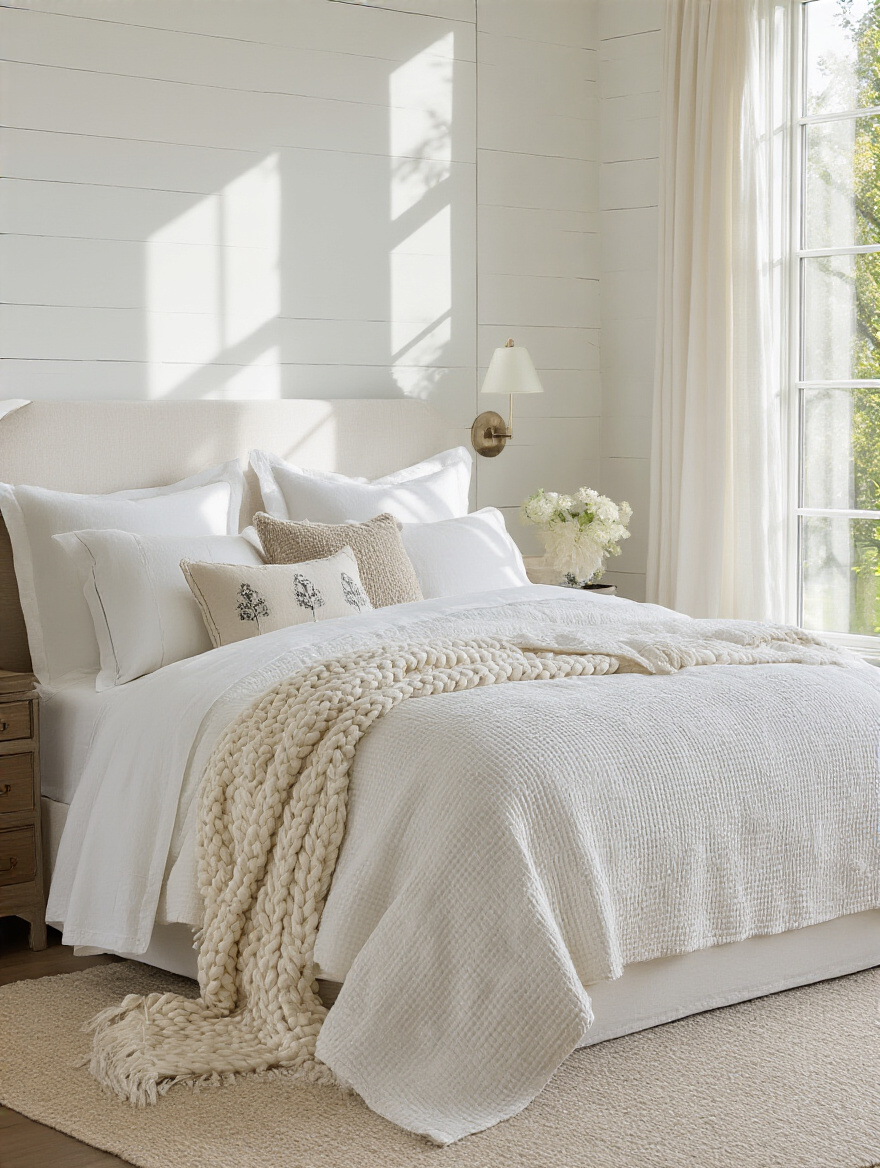 Portrait of layered white bedding with textural fabrics and plush throws in a serene white bedroom