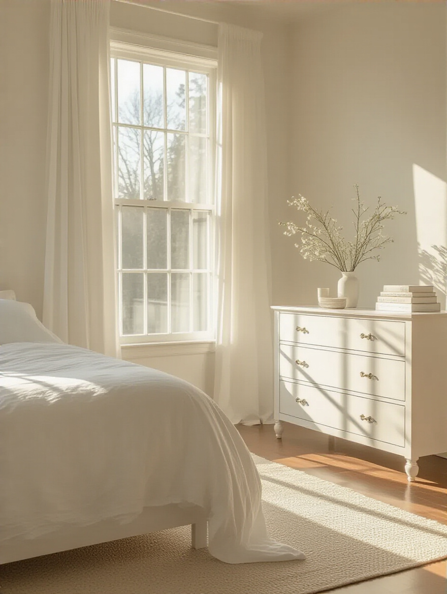 White bedroom furniture, assessing natural light, bright room interior, spacious bedroom with white bed and dresser, sunlit modern decor