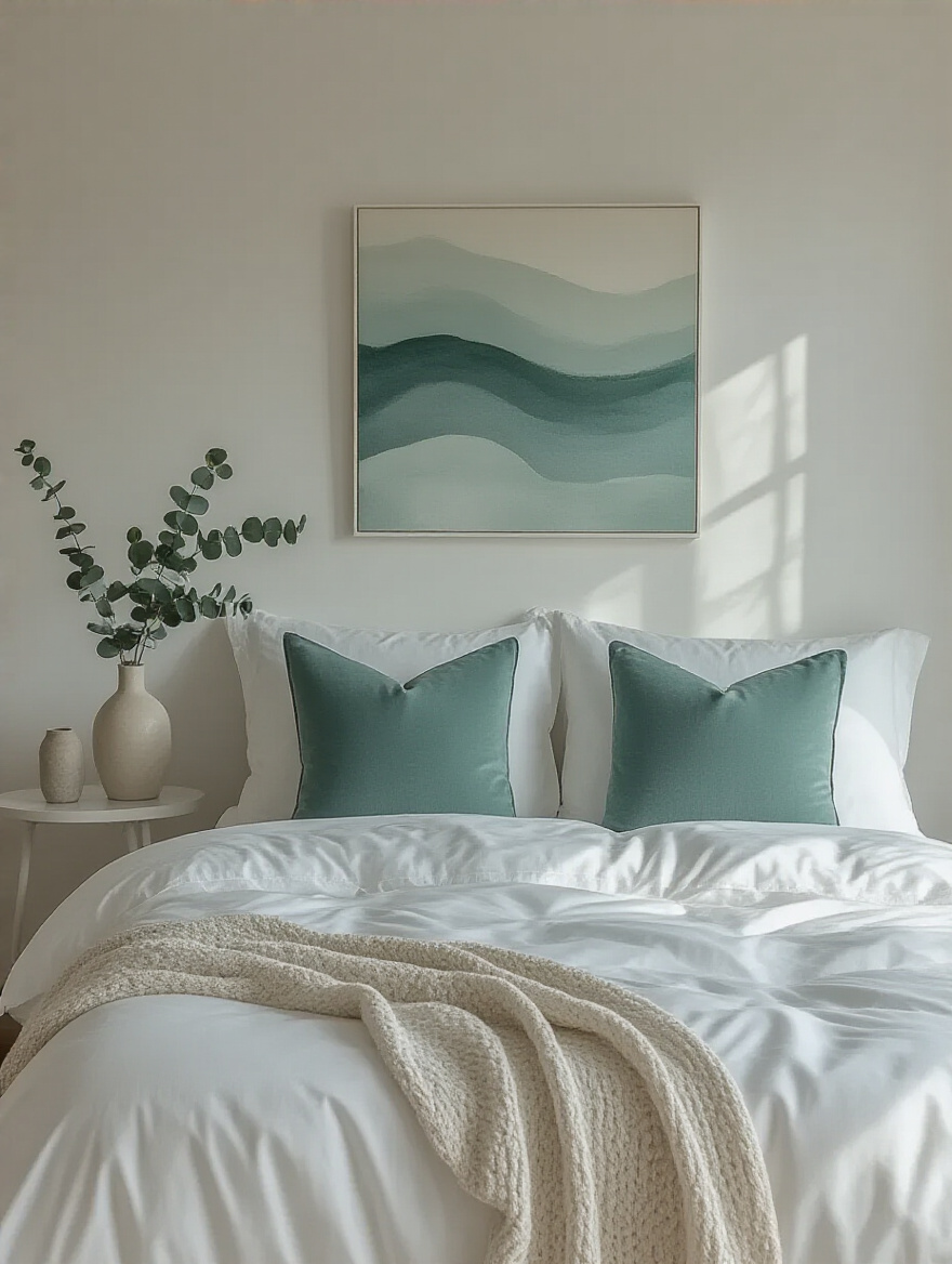 White bedroom with thoughtful pops of color, including teal and sage green pillows, a ceramic vase, and abstract artwork above the bed.