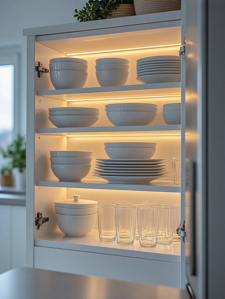 Close-up of a well-lit kitchen upper cabinet interior, showcasing LED strip lighting illuminating organized dishes and glassware, enhancing visibility and modern kitchen aesthetic.