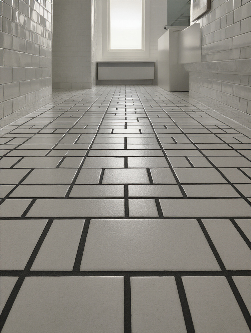 Modern bathroom floor with white subway tiles and contrasting dark grey grout, highlighting the tile pattern for an enhanced design.