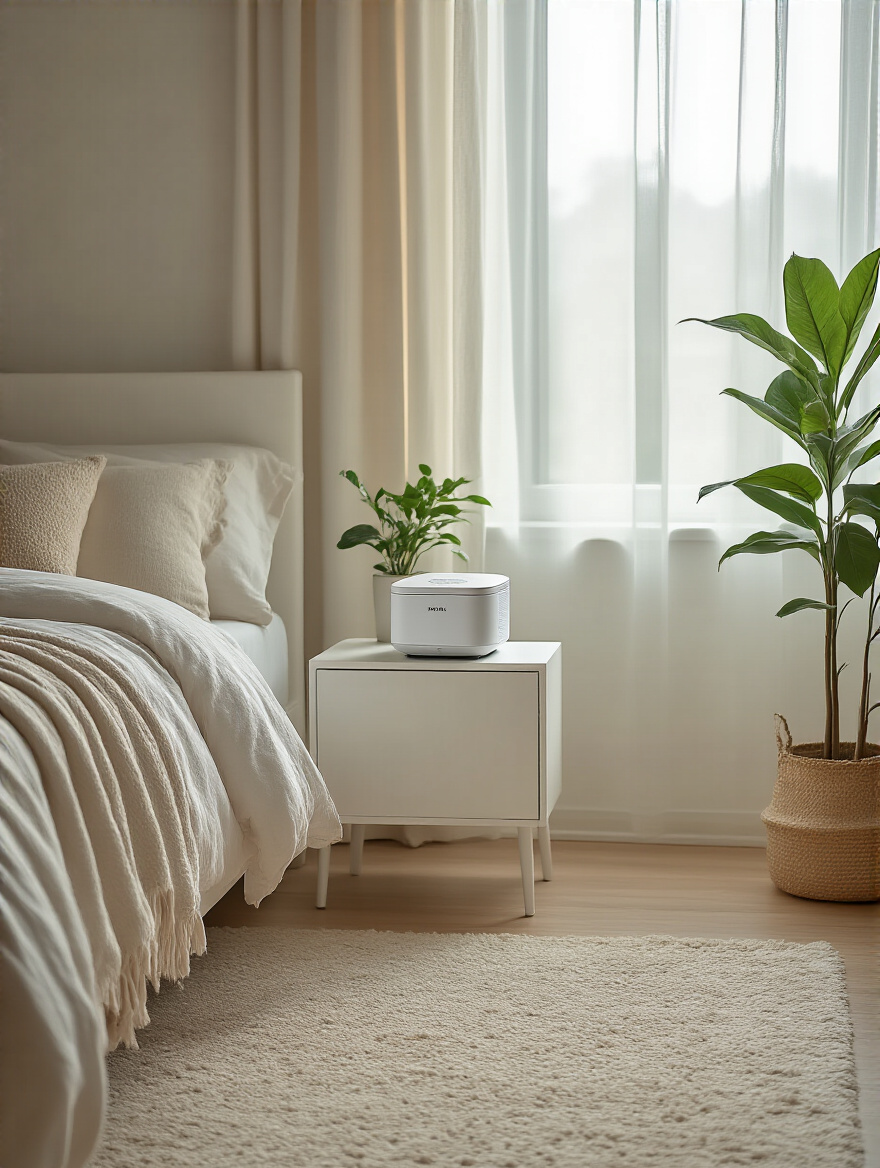 Cozy bedroom with air purifier on nightstand