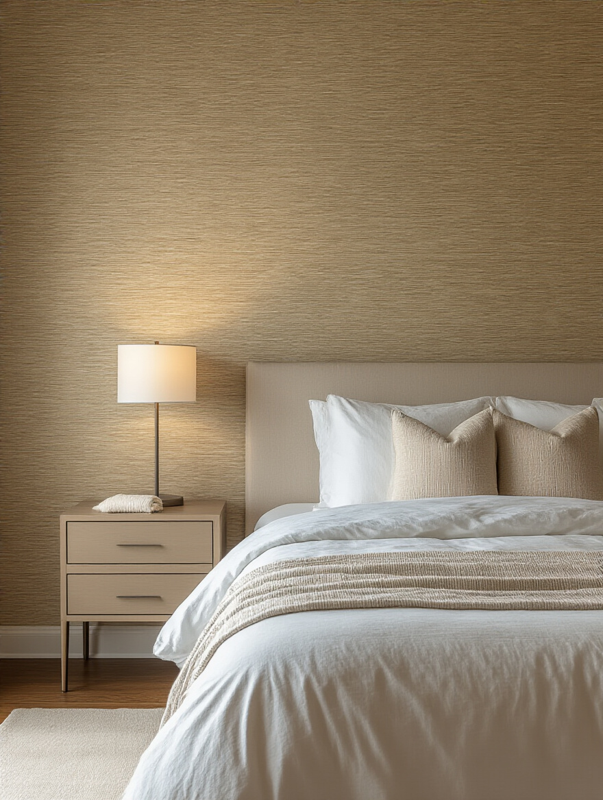 Portrait of a bedroom with a wallpaper accent wall and maintenance cues, no people