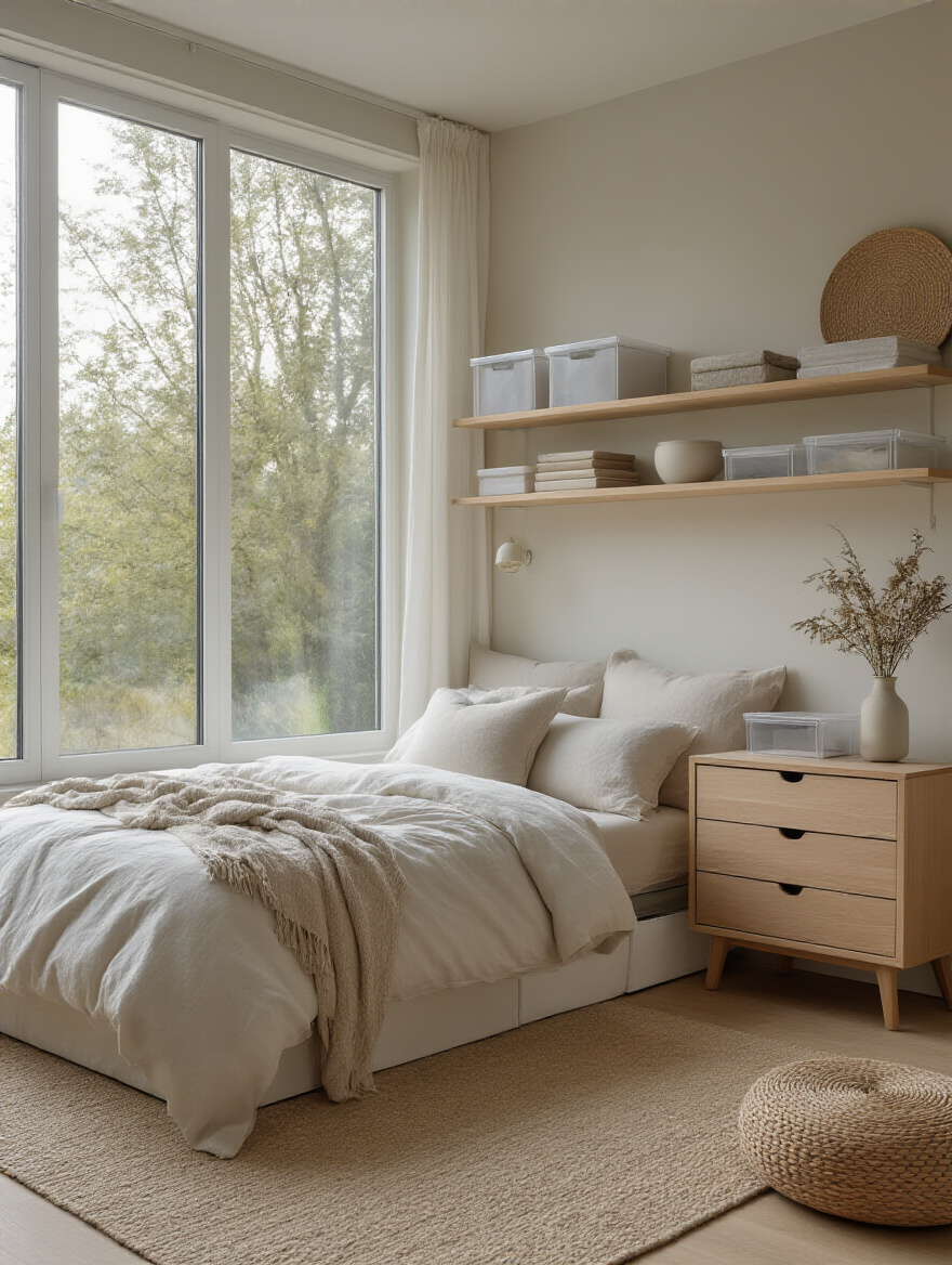 Serene clutter-free bedroom with organized surfaces and soft lighting