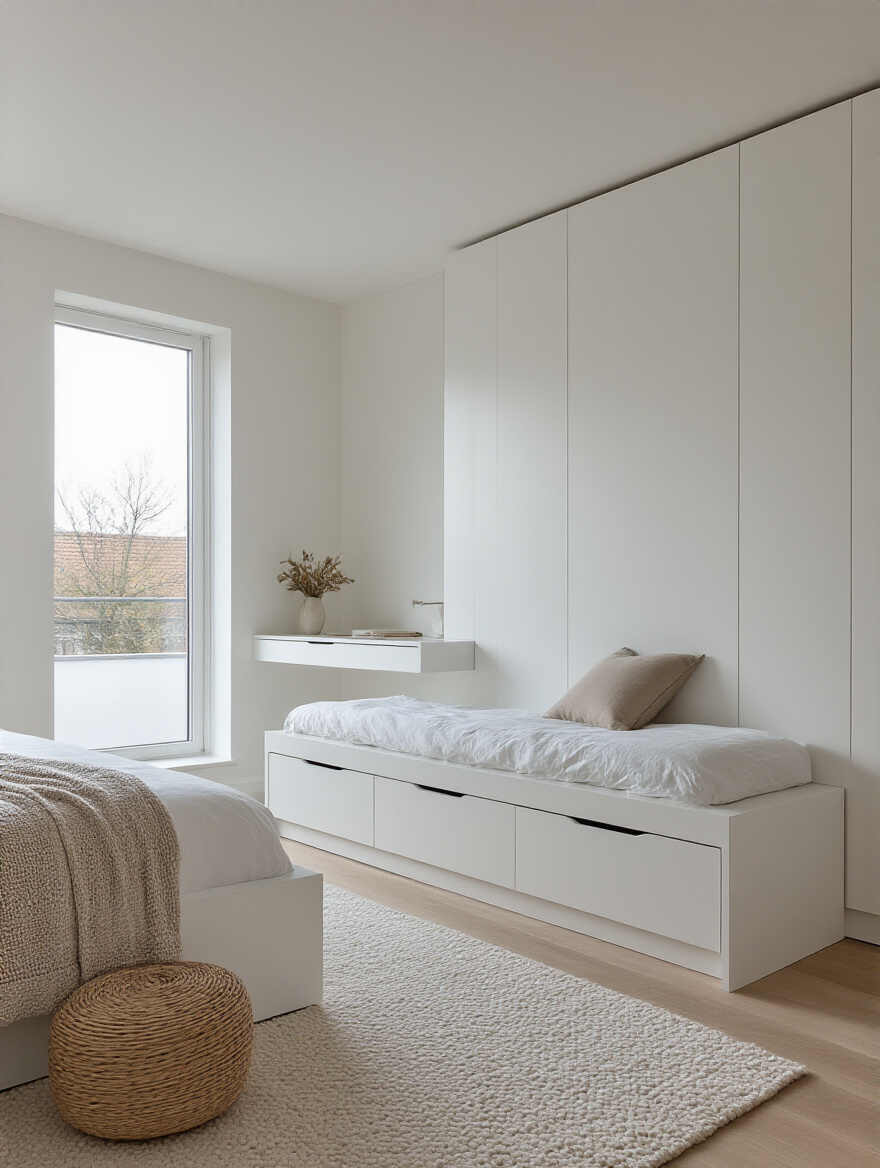 Minimalist white bedroom featuring integrated storage: platform bed with drawers, built-in wardrobe, and integrated vanity. White furniture for serene bedroom storage.