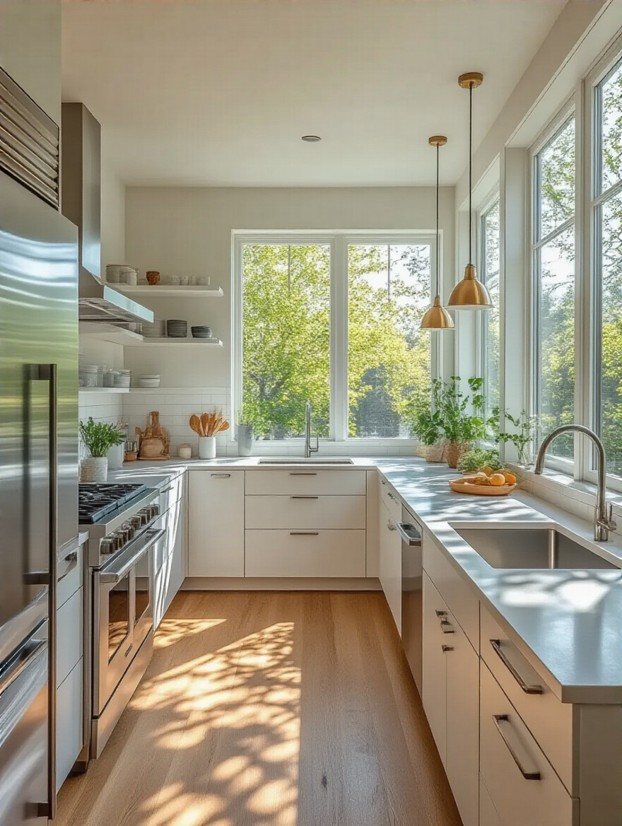 A professionally designed L-shaped kitchen featuring an ergonomic work triangle, highlighting the efficient layout of the refrigerator, sink, and stove for optimal workflow and reduced movement.
